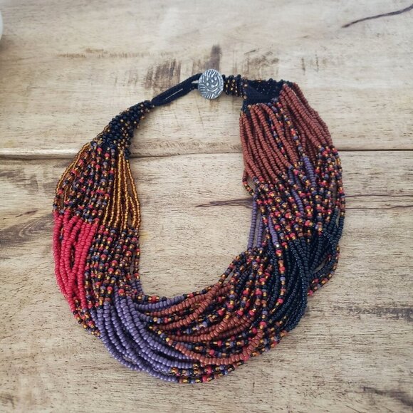 South African Hand Woven Hand Beaded  Multistrand Chunky Beaded Twist Necklace - Picture 1 of 12